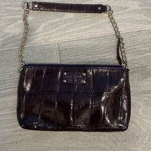 kate spade glossy patent leather clutch in dark purple with gold chain